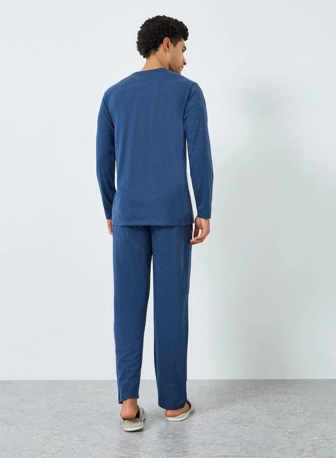 Styli  Men Navy Long Sleeve T-Shirt and Pyjama Set for Men | Best Price UAE